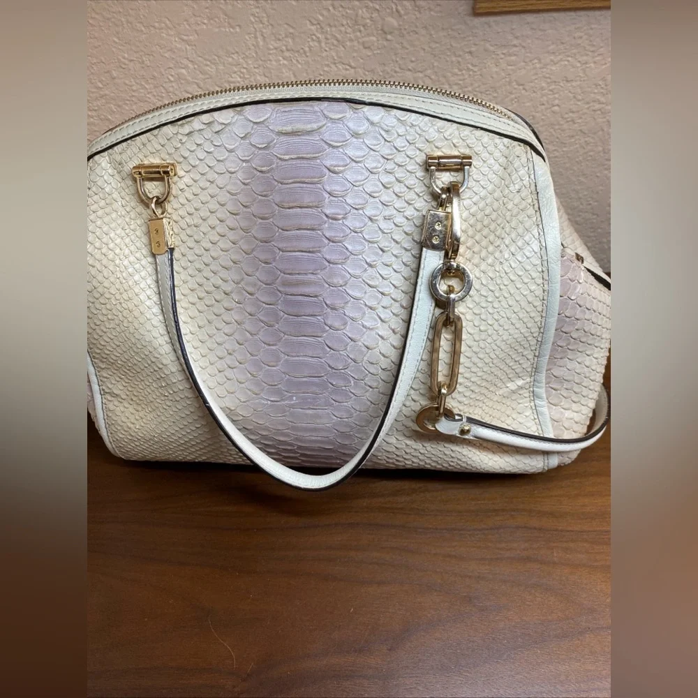 Coach Madison Textured Embossed Python Satchel Bag Ivory Purple Large Charms‎